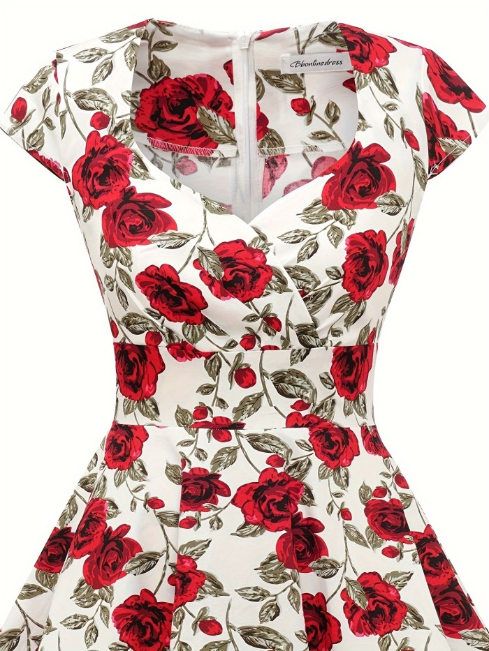 Floral Print Sweetheart Neck Flared Dress, Vintage Cap Sleeve Dress For Cocktail Party, Women's Clothing