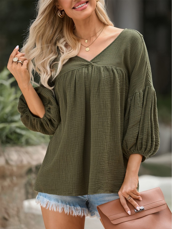 Solid Color V Neck Blouse, Casual Lantern Sleeve Loose Blouse For Spring & Summer, Women's Clothing