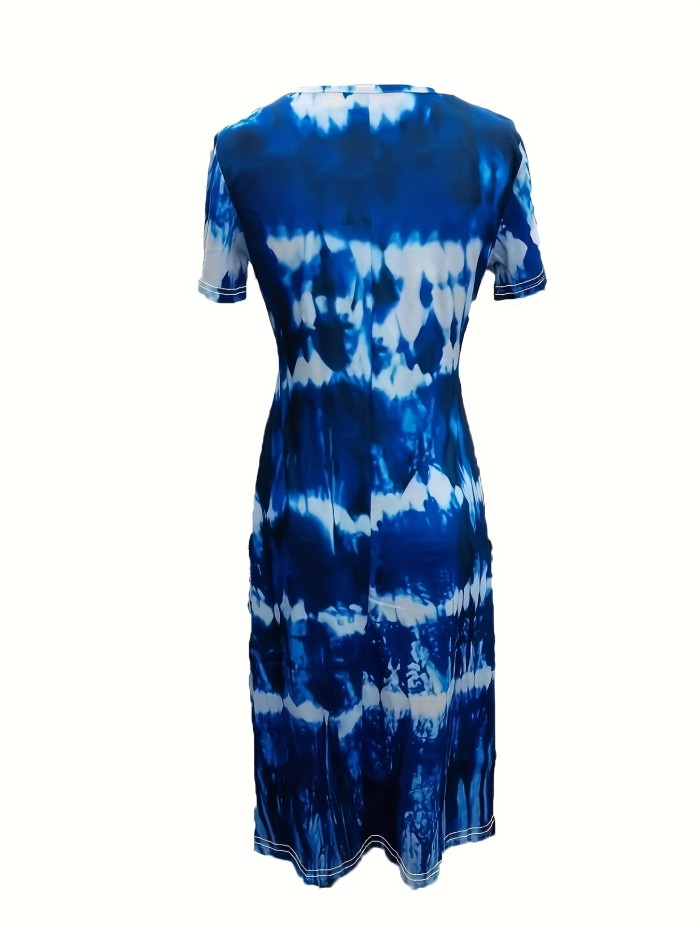 Tie Dye Crew Neck Dress, Short Sleeve Casual Dress For Summer & Spring, Women's Clothing