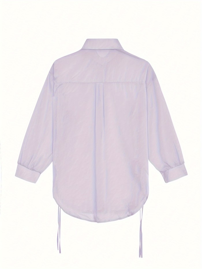 Solid Loose Button Front Shirt, Versatile Drop Shoulder Long Sleeve Shirt For Spring & Summer, Women's Clothing