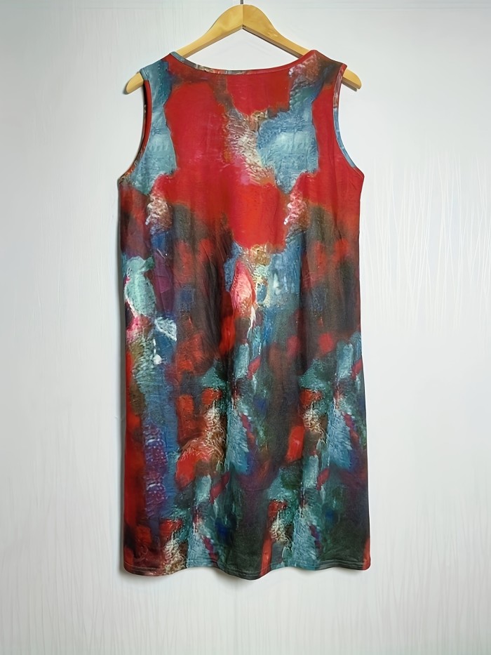 Plus Size Tie Dye Print Tank Dress, Casual V Neck Sleeveless Dress For Spring & Summer, Women's Plus Size Clothing