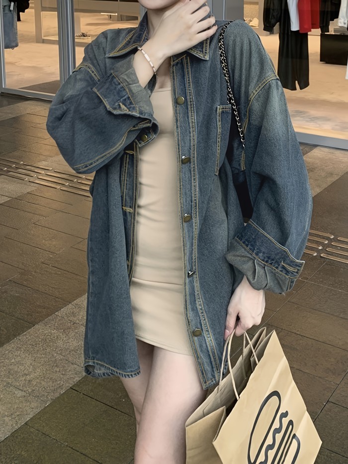 Women's Casual Denim Shirt Coat, Spring\u002FFall Loose Fit Oversize Slouchy Retro Style Jacket Top