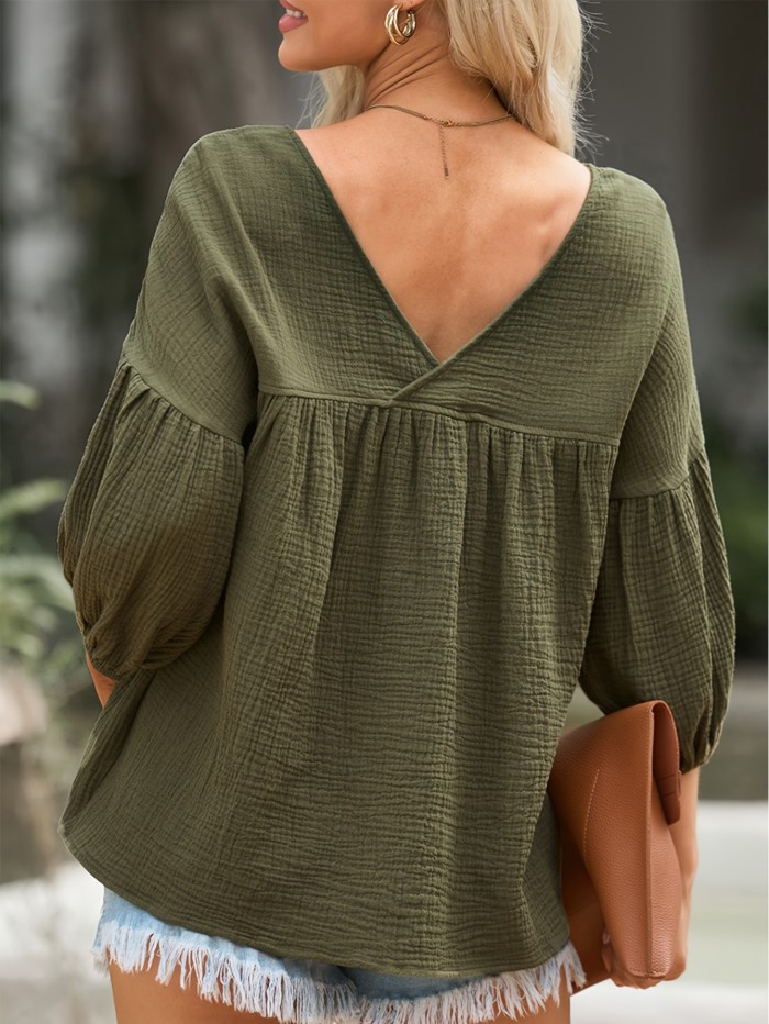 Solid Color V Neck Blouse, Casual Lantern Sleeve Loose Blouse For Spring & Summer, Women's Clothing