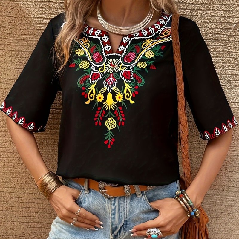 Vintage Graphic Print Notched Neck T-Shirt, Casual Loose T-Shirt For Spring & Summer, Women's Clothing