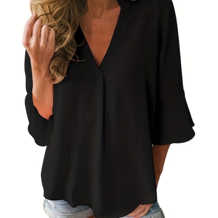 Women's Ruffled Sleeve V-Neck Chiffon Top - Casual Everyday Blouse for Women