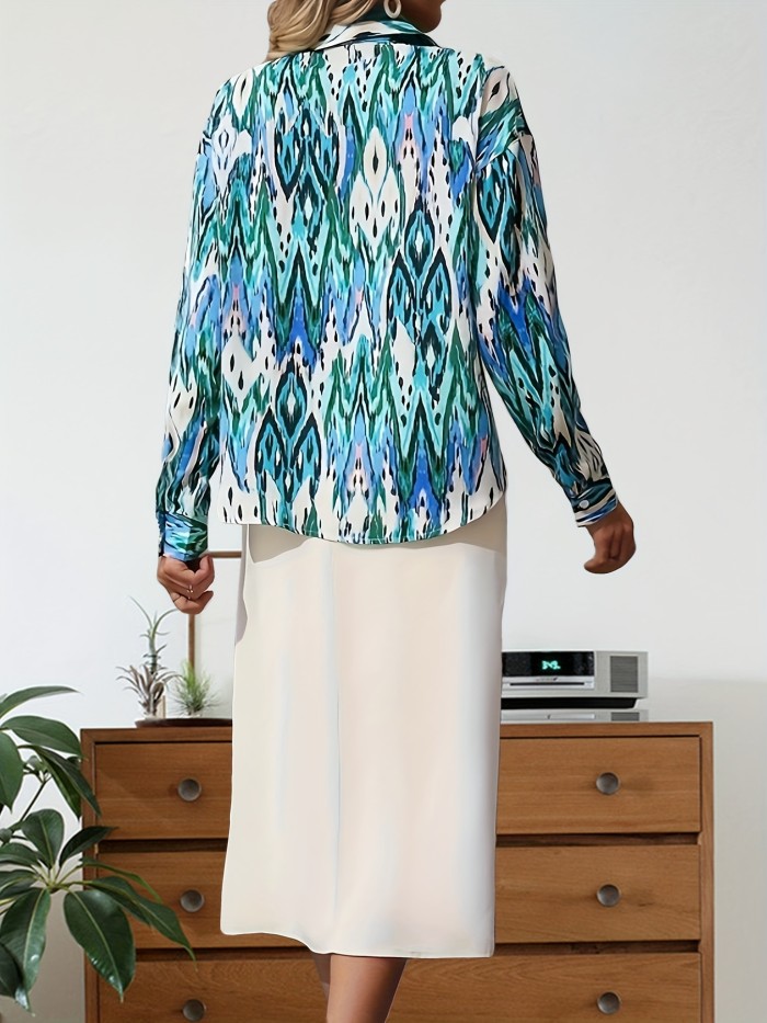 Ethnic Print Single Button Shirt, Vintage Long Sleeve Shirt For Spring & Fall, Women's Clothing