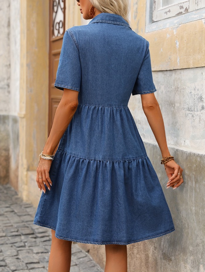 Women's Elegant Short Sleeve Slim Fit Lightweight Denim Dress, Casual A-Line Tiered Layered Midi Dress, Knee-Length With Front Button Closure