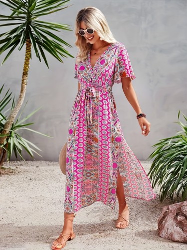 Ethnic Print Split Dress, Vacation V Neck Short Sleeve Maxi Dress, Women's Clothing