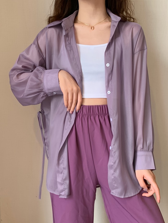 Solid Loose Button Front Shirt, Versatile Drop Shoulder Long Sleeve Shirt For Spring & Summer, Women's Clothing
