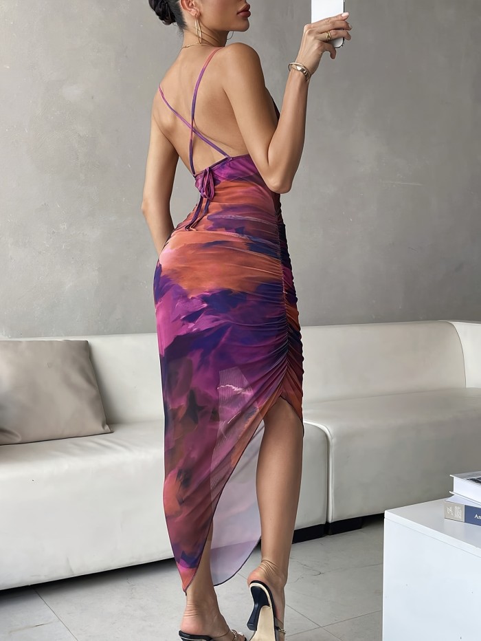 Tie Dye Print Asymmetric Cami Dress, Elegant Cowl Neck Crisscross Backless Dress, Women's Clothing