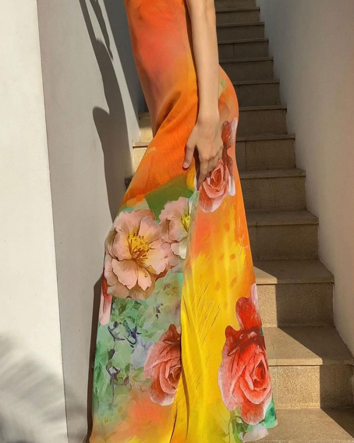 Sunset strap print backless dress