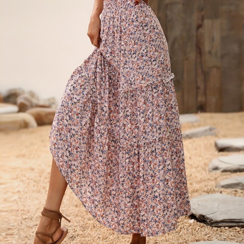 Floral Print High Waist Skirt, Boho Ruffle Hem Beach Midi Skirt, Women's Clothing