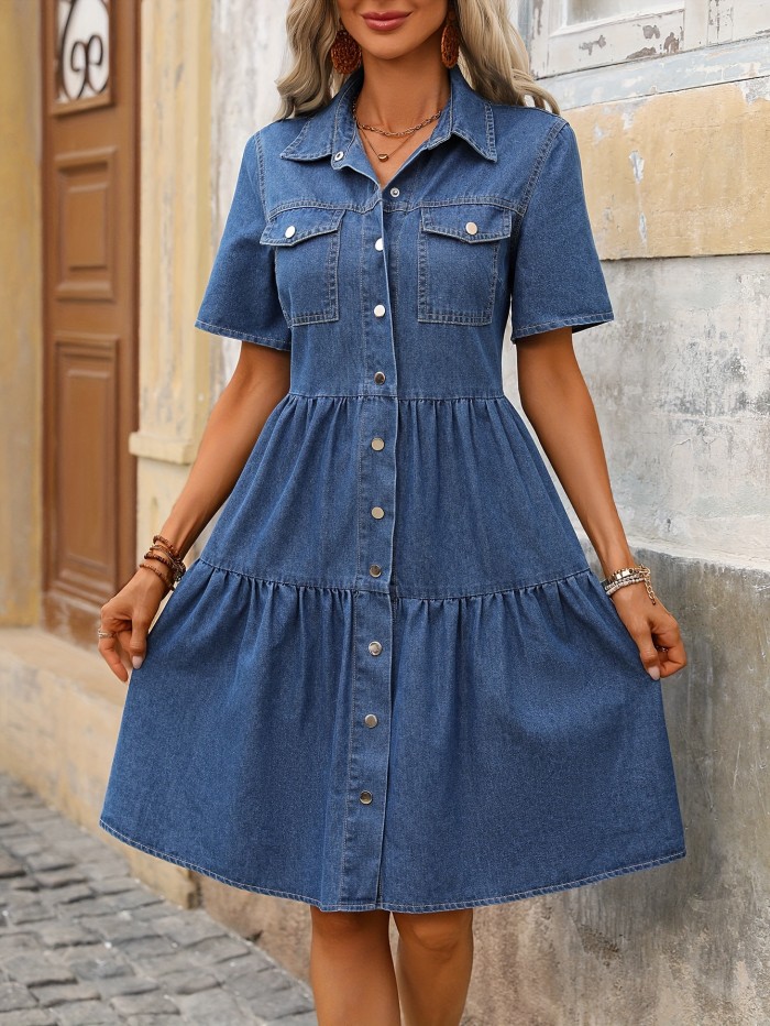 Women's Elegant Short Sleeve Slim Fit Lightweight Denim Dress, Casual A-Line Tiered Layered Midi Dress, Knee-Length With Front Button Closure