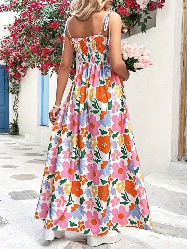 Floral Print Tie Strap Dress, Vacation Style Sleeveless Maxi Dress For Spring & Summer, Women's Clothing