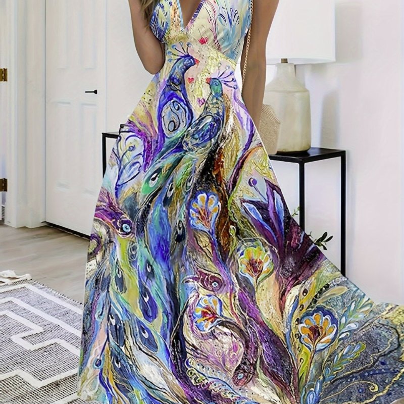 Peacock Print V Neck Dress, Elegant Sleeveless Flowy Maxi Dress For Vacation, Women's Clothing