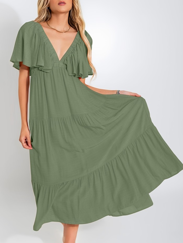 Backless Textured Ruffle Hem Dress, Boho & Vacation Style Plunging Sleeve Dress For Spring & Summer, Women's Clothing