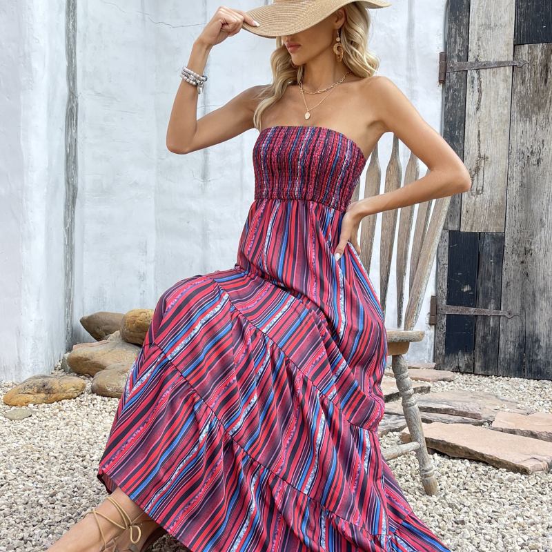 Tie Dye Print Tiered Tube Dress, Vacation Sleeveless Strapless Waist Maxi Dress, Women's Clothing