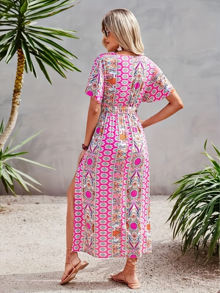 Ethnic Print Split Dress, Vacation V Neck Short Sleeve Maxi Dress, Women's Clothing