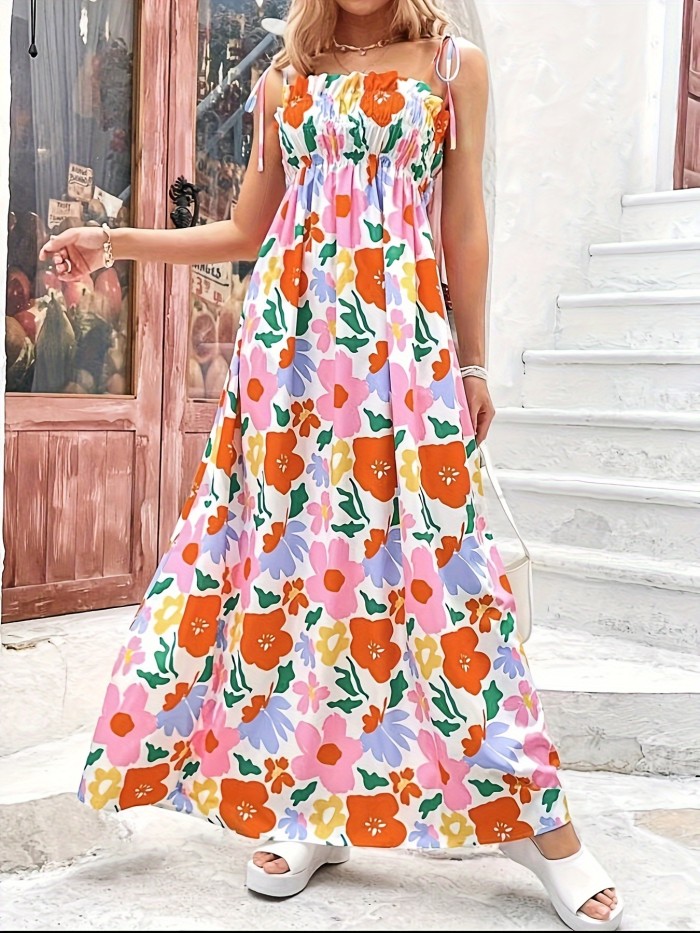 Floral Print Tie Strap Dress, Vacation Style Sleeveless Maxi Dress For Spring & Summer, Women's Clothing