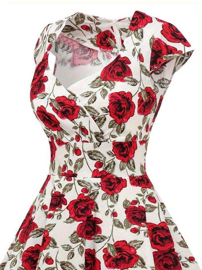 Floral Print Sweetheart Neck Flared Dress, Vintage Cap Sleeve Dress For Cocktail Party, Women's Clothing