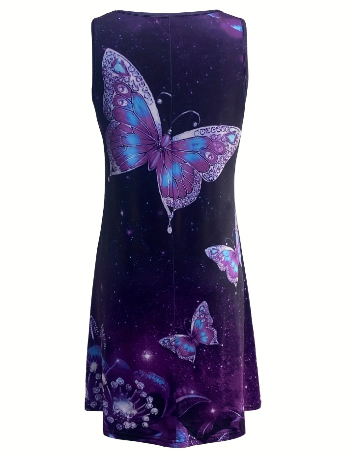 Plus Size Butterfly Print Tank Dress, Casual Sleeveless Dress For Spring & Summer, Women's Plus Size Clothing