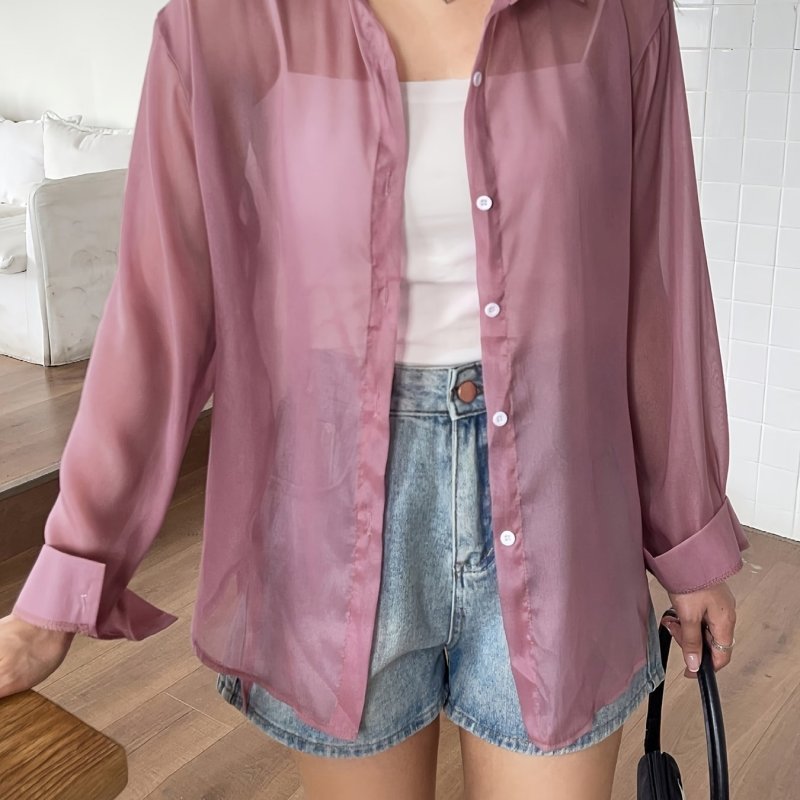 Solid Loose Button Front Shirt, Versatile Drop Shoulder Long Sleeve Shirt For Spring & Summer, Women's Clothing