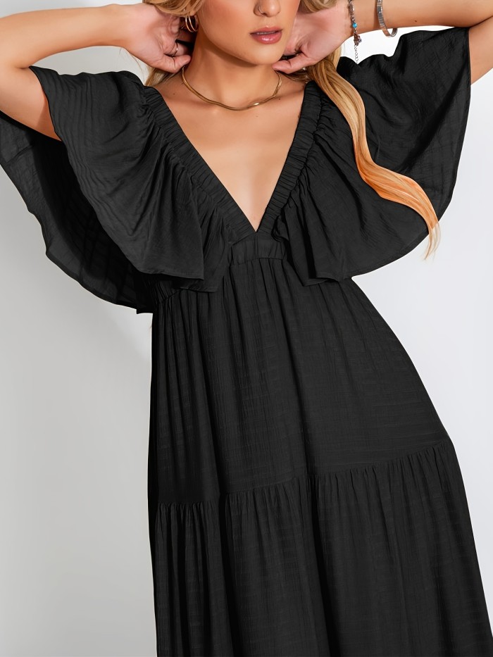 Backless Textured Ruffle Hem Dress, Boho & Vacation Style Plunging Sleeve Dress For Spring & Summer, Women's Clothing