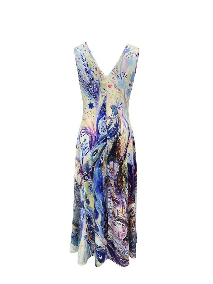 Peacock Print V Neck Dress, Elegant Sleeveless Flowy Maxi Dress For Vacation, Women's Clothing