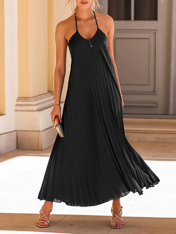 A-Line Loose Backless Pleated Solid Color Tied Spaghetti-Neck Maxi Dresses