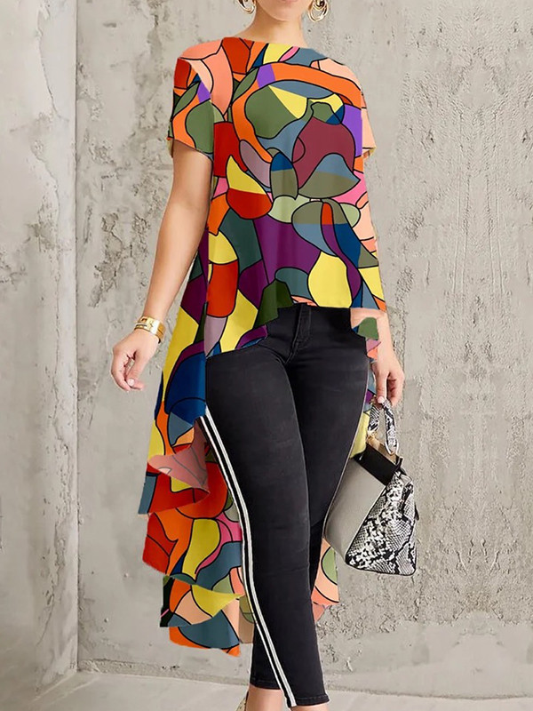 High-Low Loose Contrast Color Printed Round-Neck T-Shirts Tops