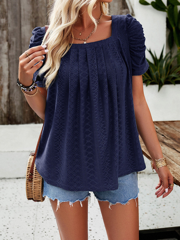 Loose Short Sleeves Hollow Pleated Solid Color Square-Neck T-Shirts Tops