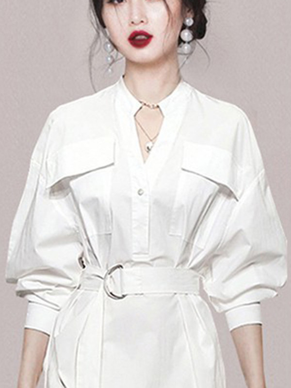 Loose Sleeveless See-Through Solid Color Split-Joint Tied Waist Lapel Midi Dresses Shirt Dress main image 1