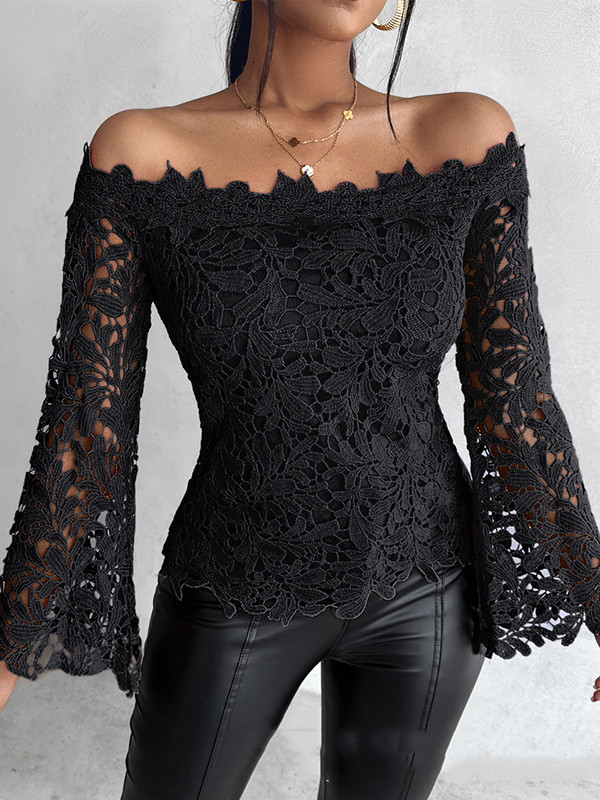 Flared Sleeves Long Sleeves Hollow Solid Color Off-The-Shoulder T-Shirts Tops