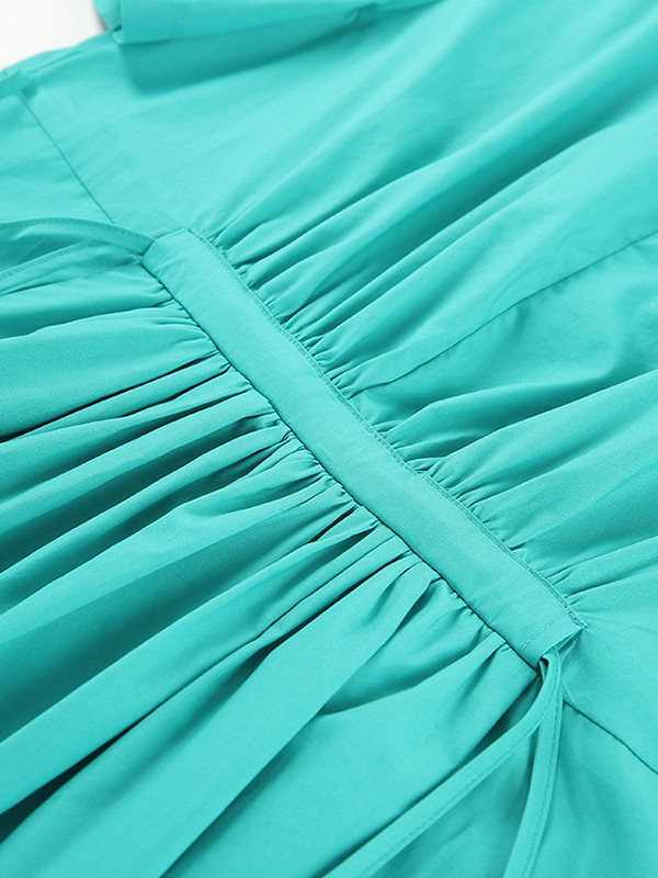 Loose Short Sleeves Drawstring Pleated Solid Color Split-Joint Tied Waist V-Neck Midi Dresses Shirt Dress