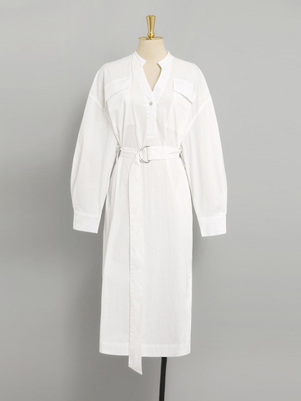 Split-Joint Tied Waist Long Sleeves Loose Lapel Shirt Dress main image 1