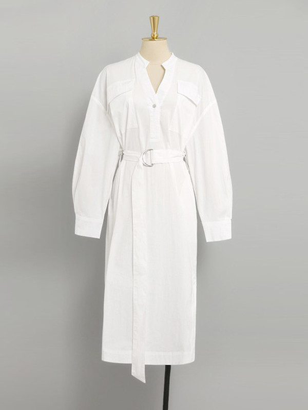 Long Sleeves Loose See-Through Split-Joint Split-Side Tied Waist V-Neck Midi Dresses Shirt Dress
