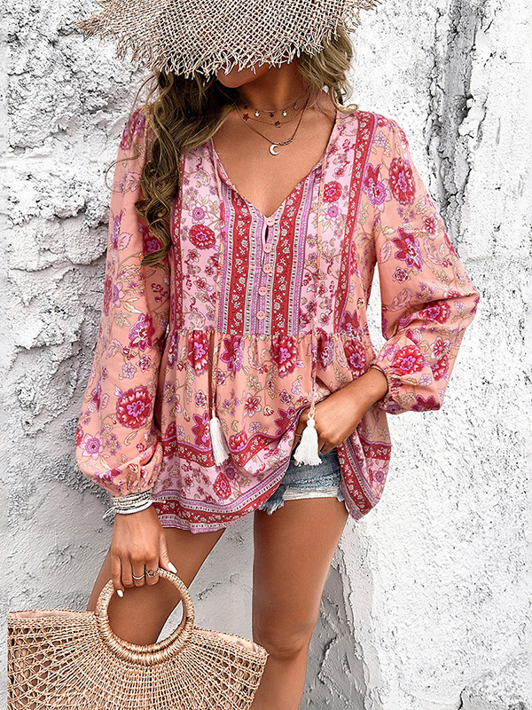 Long Sleeves Loose Buttoned Elasticity Flower Print Split-Joint Tasseled V-Neck Blouses&Shirts Tops