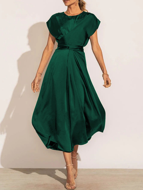 Loose Short Sleeves Solid Color Split-Joint Tied Waist Round-Neck Midi Dresses