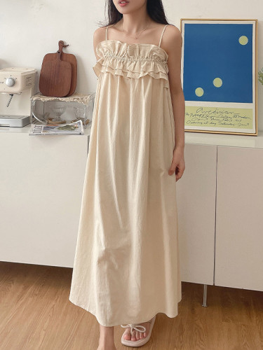 Loose Sleeveless Elasticity Pleated Ruffled Solid Color Spaghetti-Neck Midi Dresses Pajama Dress