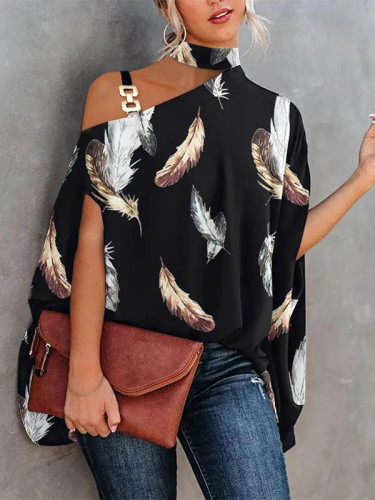 Batwing Sleeves Loose Asymmetric Chains Leaves Print Asymmetric Collar T-Shirts Tops