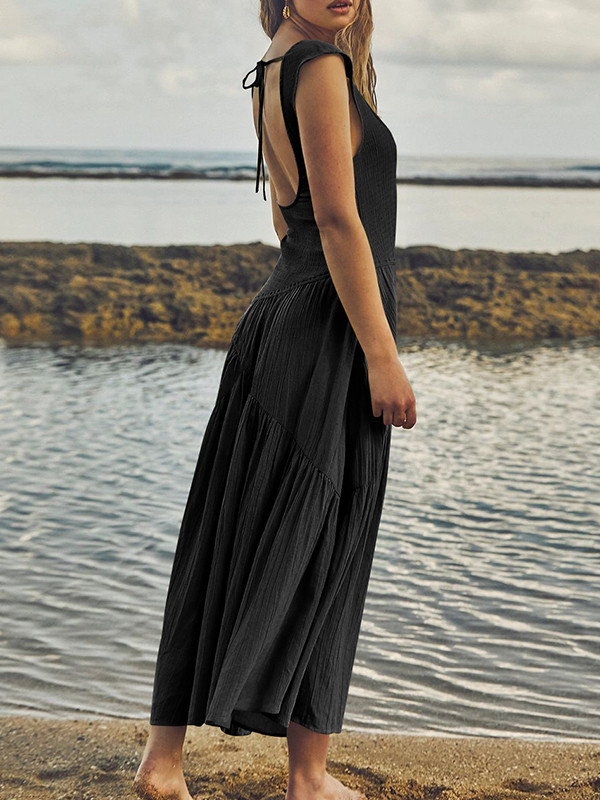 Loose Sleeveless Backless Elasticity Lace-Up Pleated Solid Color Split-Joint Square-Neck Maxi Dresses