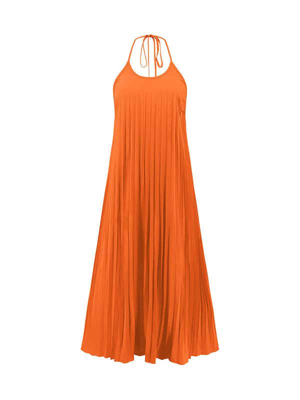 A-Line Loose Backless Pleated Solid Color Tied Spaghetti-Neck Maxi Dresses