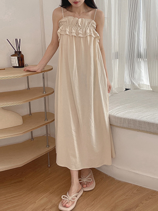 Loose Sleeveless Elasticity Pleated Ruffled Solid Color Spaghetti-Neck Midi Dresses Pajama Dress