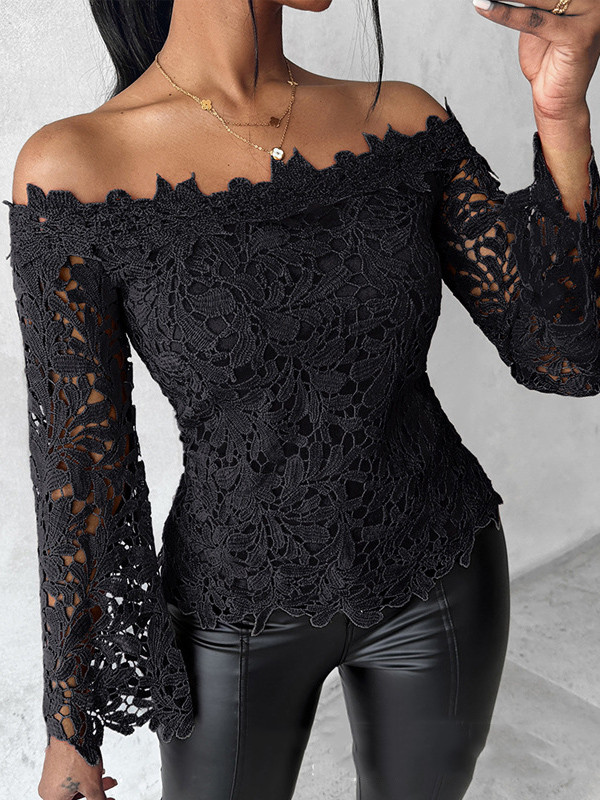 Flared Sleeves Long Sleeves Hollow Solid Color Off-The-Shoulder T-Shirts Tops