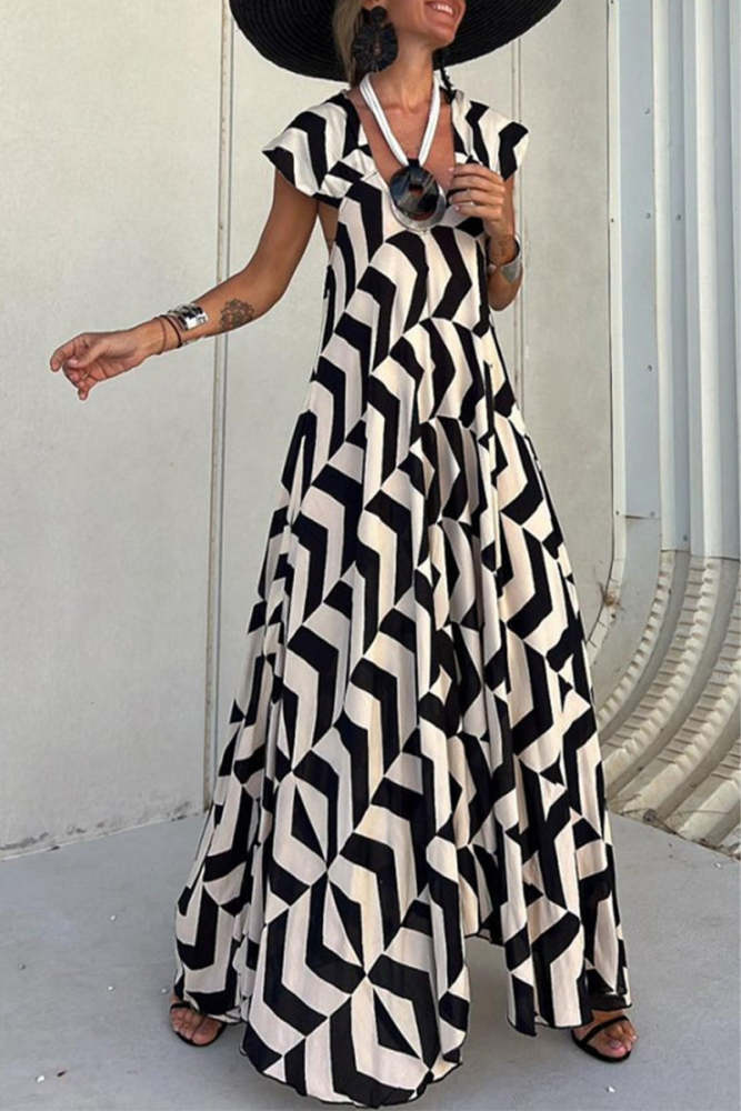 Casual Vintage Geometric Print Ripple Backless Asymmetrical V Neck Printed Dresses