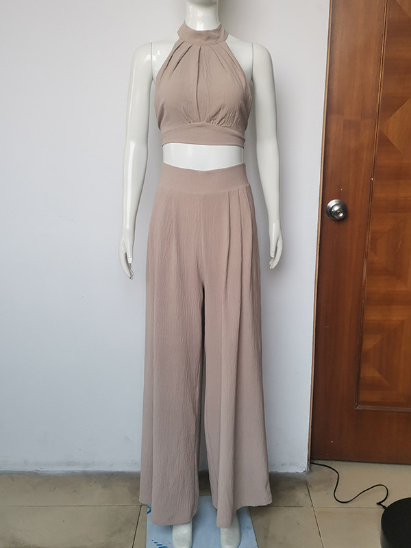 Solid Color Pleated Split-Joint Backless High Neck Vest + High Waisted Loose Pants Trousers Two Pieces Set