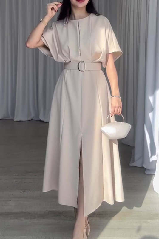 Elegant Solid Fold With Belt O Neck A Line Dresses