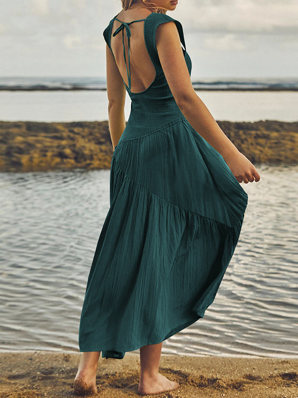 Loose Sleeveless Backless Elasticity Lace-Up Pleated Solid Color Split-Joint Square-Neck Maxi Dresses