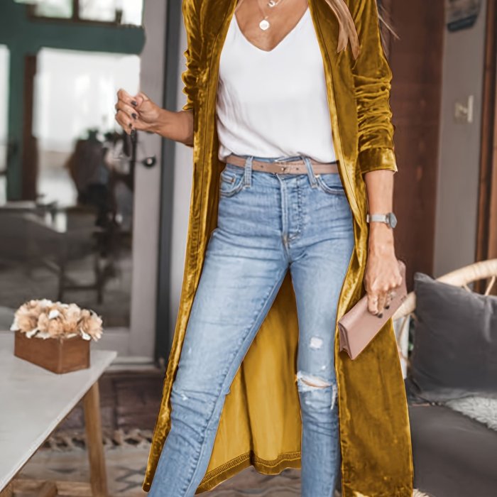Solid Open Front Velvet Cardigan, Casual Long Sleeve Long Length Cardigan Coat, Women's Clothing