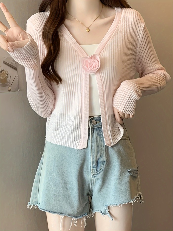 Floral Decor Thin Ribbed Cardigan, Casual Long Sleeve Knit Top For Spring & Fall, Women's Clothing